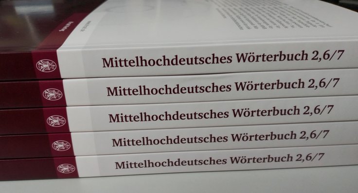 Fünf Exemplare eines Buchs liegen gestapelt, auf den Buchrücken steht: "Mittelhochdeutsches Wörterbuch 2,6/7"